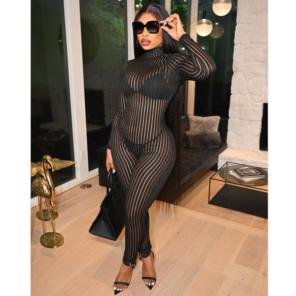 Sexy see-through women's striped skinny long-sleeved trousers jumpsuit C5345