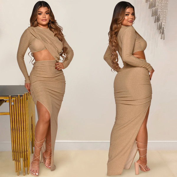 Solid color round neck long sleeve hollow slit long skirt dress X5501