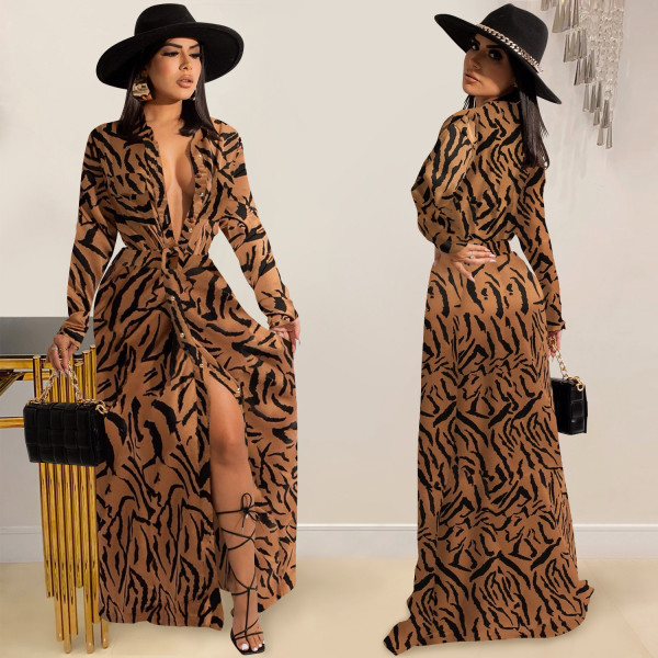Fashion painted V-neck long-sleeved split long skirt lace dress women X5509