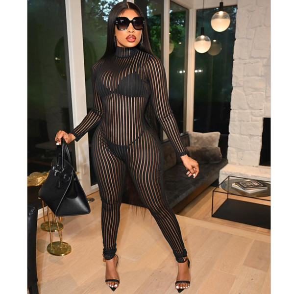 Sexy see-through women's striped skinny long-sleeved trousers jumpsuit C5345