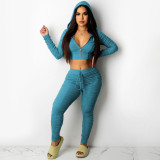 Fashion casual women's zipper long-sleeved tie trousers pleated two-piece suit C5358