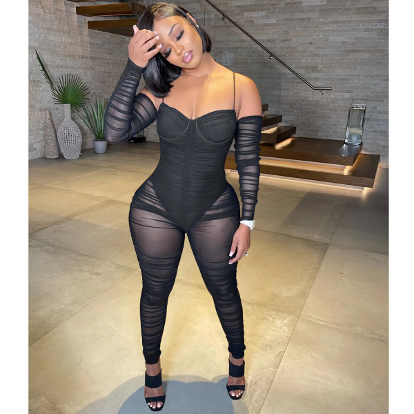 Pure color fashion women's sexy sling wrinkle perspective trousers jumpsuit C5389