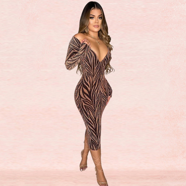 Fashion sexy women's deep V long-sleeved mid-length trousers dress X5378