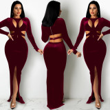 Sexy Solid Color Women's Long Sleeve Hollow Buttoned Split Long Skirt Dress C5375