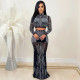 Fashion sexy nightclub women's net gauze perspective long-sleeved long skirt two-piece suit X5379
