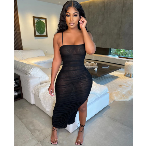 Fashion sexy sling mesh see-through ruffle slit long skirt dress C5343