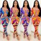 Fashion new product sexy deep tight V milk silk printing long-sleeved pile trousers jumpsuit women's clothing C5080