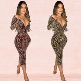 Fashion sexy women's deep V long-sleeved mid-length trousers dress X5378
