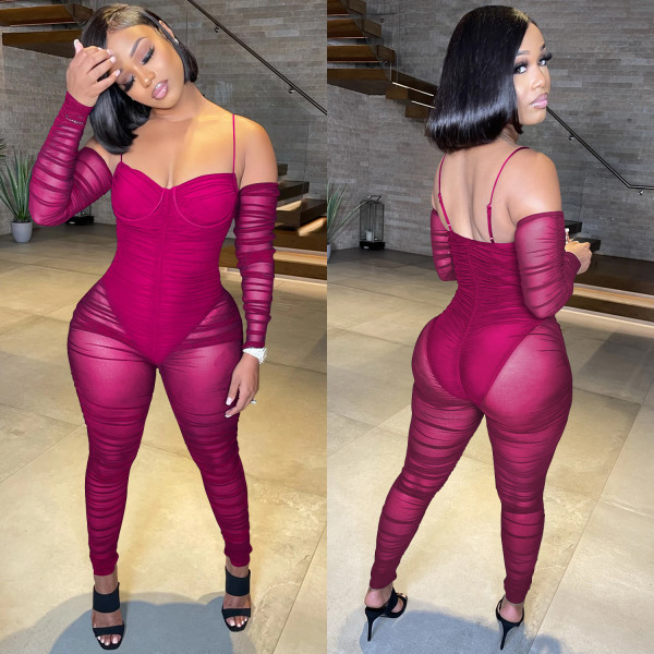Pure color fashion women's sexy sling wrinkle perspective trousers jumpsuit C5389
