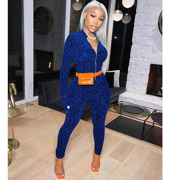 Fashion solid color V-neck zipper long-sleeved trousers jumpsuit women without belt C5502