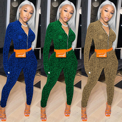 Fashion solid color V-neck zipper long-sleeved trousers jumpsuit women without belt C5502