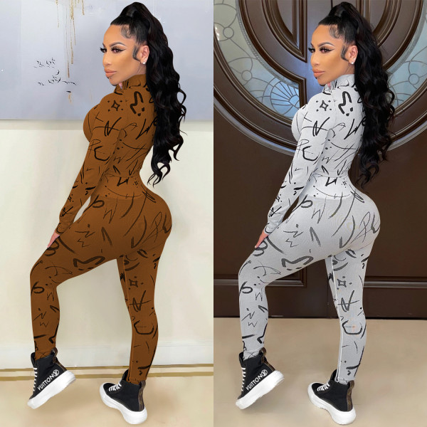 Fashion digital printing zipper long-sleeved trousers two-piece suit C5397