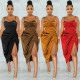 Fashion solid color women's sexy sling wrap chest ruffled split dress X5393