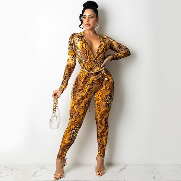 Fashion digital printing V-neck long-sleeved trousers two-piece female without belt C5296