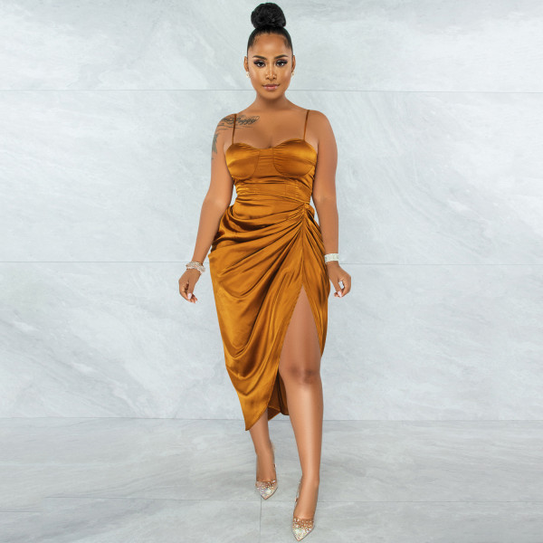 Fashion solid color women's sexy sling wrap chest ruffled split dress X5393