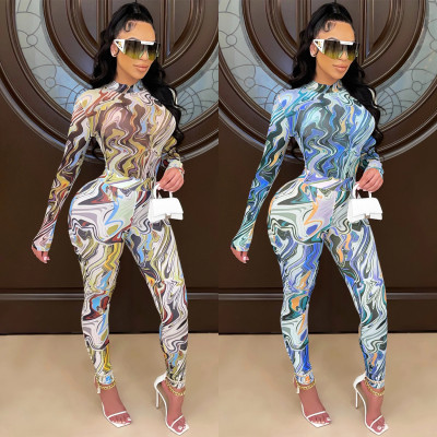 Fashion painted round neck zipper long-sleeved trousers mesh see-through two-piece suit C5505