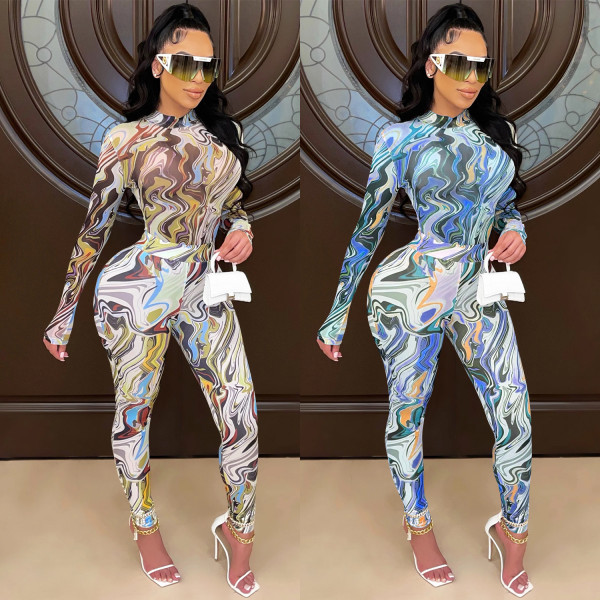 Fashion painted round neck zipper long-sleeved trousers mesh see-through two-piece suit C5505