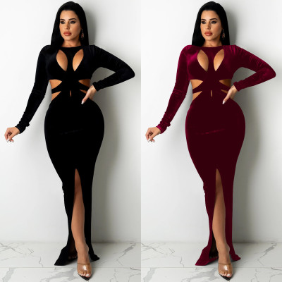 Sexy Solid Color Women's Long Sleeve Hollow Buttoned Split Long Skirt Dress C5375