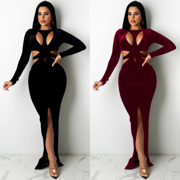 Sexy Solid Color Women's Long Sleeve Hollow Buttoned Split Long Skirt Dress C5375