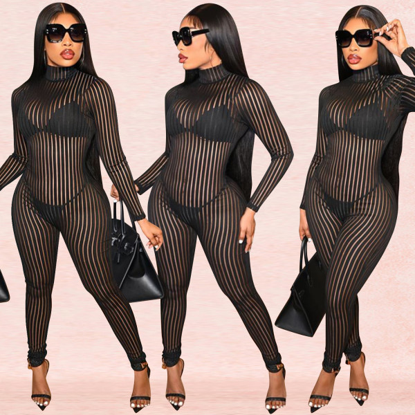 Sexy see-through women's striped skinny long-sleeved trousers jumpsuit C5345
