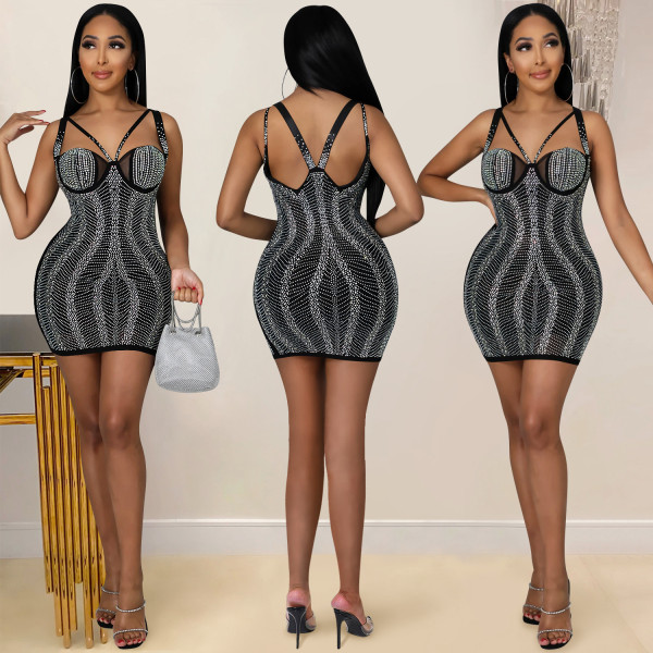 Sexy women's nightclub hot rhinestone see-through dress mid-skirt women X5512