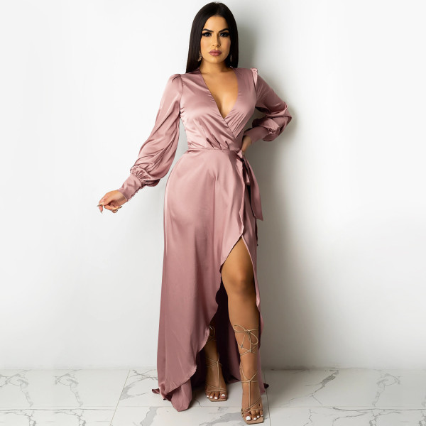 Fashion sexy solid color women's deep V tie long sleeve slit long skirt dress X5373