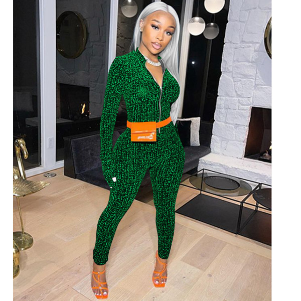 Fashion solid color V-neck zipper long-sleeved trousers jumpsuit women without belt C5502