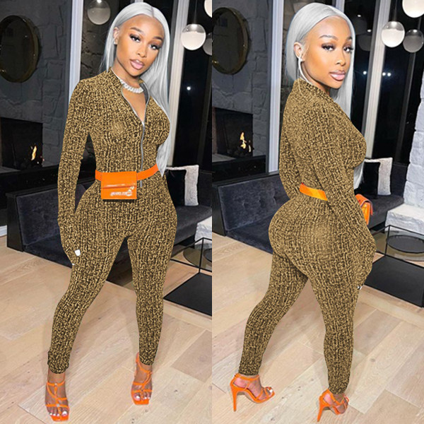 Fashion solid color V-neck zipper long-sleeved trousers jumpsuit women without belt C5502