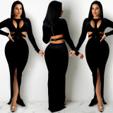 Sexy Solid Color Women's Long Sleeve Hollow Buttoned Split Long Skirt Dress C5375