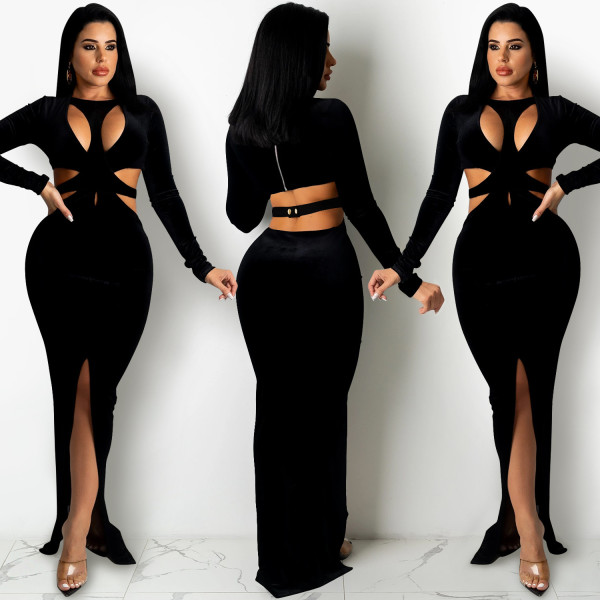 Sexy Solid Color Women's Long Sleeve Hollow Buttoned Split Long Skirt Dress C5375
