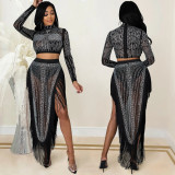 Sexy nightclub hot drilling mesh see-through long-sleeved split long skirt two-piece X5372