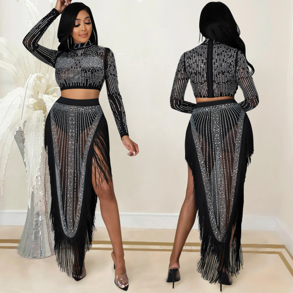 Sexy nightclub hot drilling mesh see-through long-sleeved split long skirt two-piece X5372