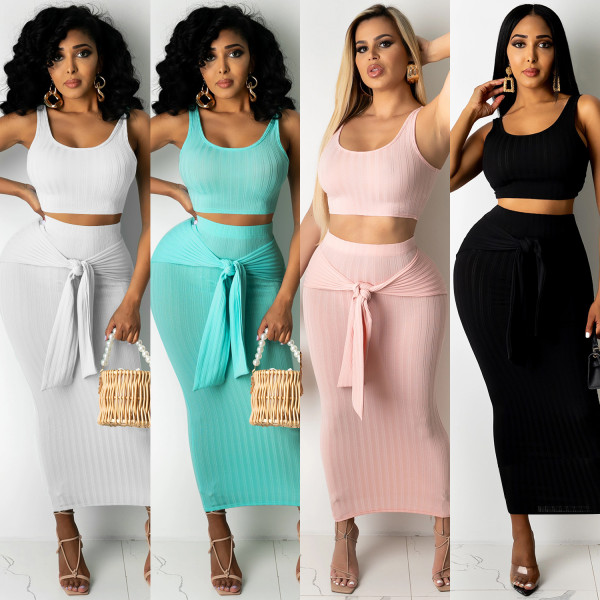 Fashion new casual vest solid color tight-fitting hip-length skirt two-piece dress women's clothing C5125