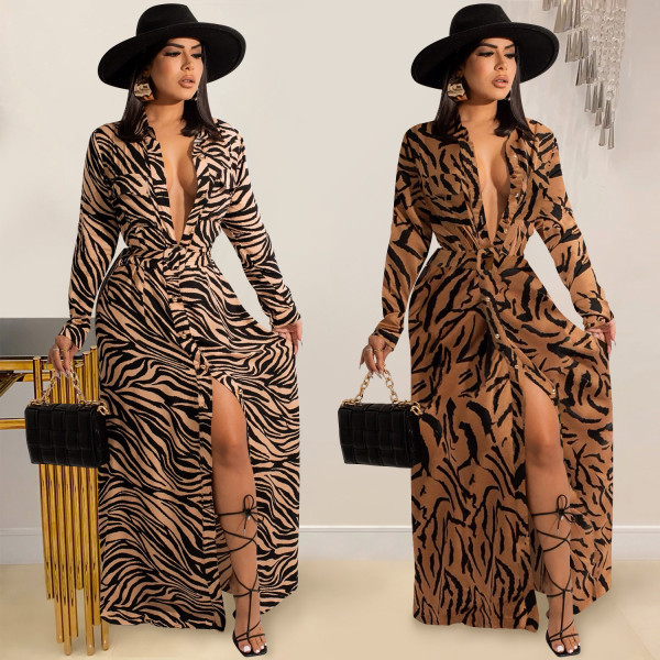 Fashion painted V-neck long-sleeved split long skirt lace dress women X5509