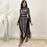 Sexy nightclub hot drilling mesh see-through long-sleeved split long skirt two-piece X5372