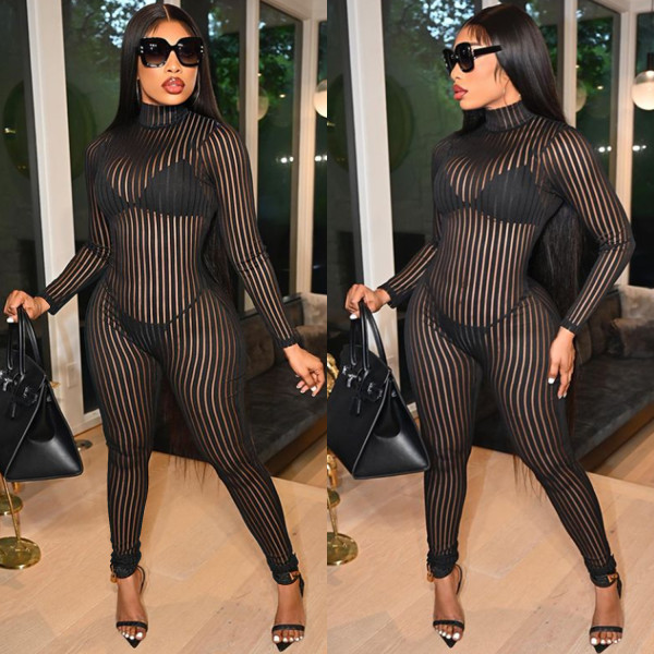 Sexy see-through women's striped skinny long-sleeved trousers jumpsuit C5345
