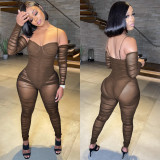 Pure color fashion women's sexy sling wrinkle perspective trousers jumpsuit C5389