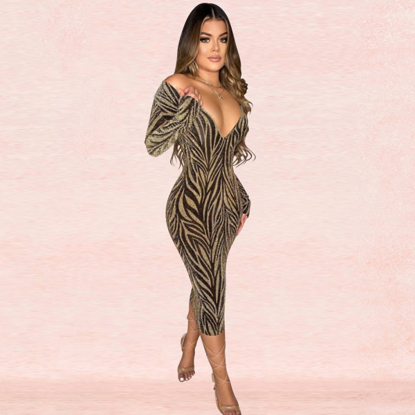 Fashion sexy women's deep V long-sleeved mid-length trousers dress X5378