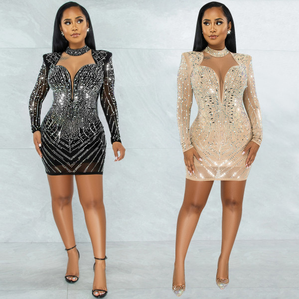 Sexy deep V nightclub party dress hot drilling mesh see-through women's clothing X5385