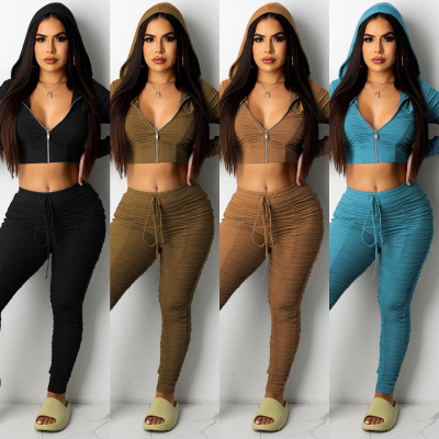 Fashion casual women's zipper long-sleeved tie trousers pleated two-piece suit C5358