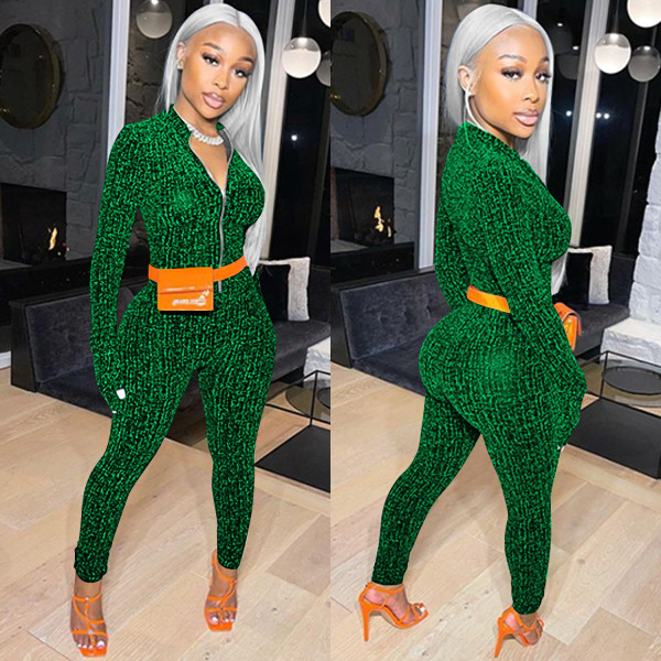 Fashion solid color V-neck zipper long-sleeved trousers jumpsuit women without belt C5502