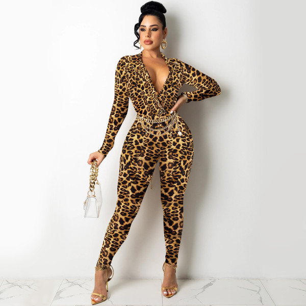 Fashion digital printing V-neck long-sleeved trousers two-piece female without belt C5296
