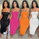 Fashion sexy sling mesh see-through ruffle slit long skirt dress C5343