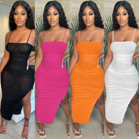 Fashion sexy sling mesh see-through ruffle slit long skirt dress C5343