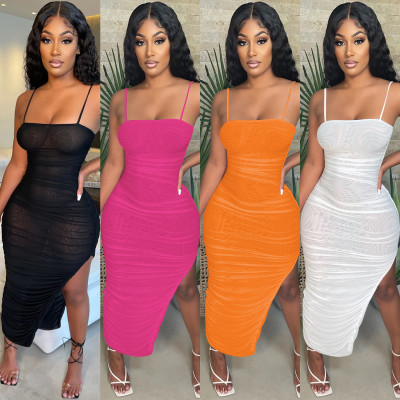 Fashion sexy sling mesh see-through ruffle slit long skirt dress C5343