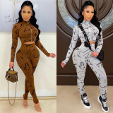Fashion digital printing zipper long-sleeved trousers two-piece suit C5397