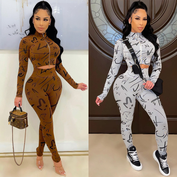 Fashion digital printing zipper long-sleeved trousers two-piece suit C5397