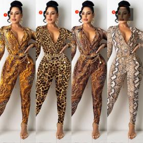 Fashion digital printing V-neck long-sleeved trousers two-piece female without belt C5296