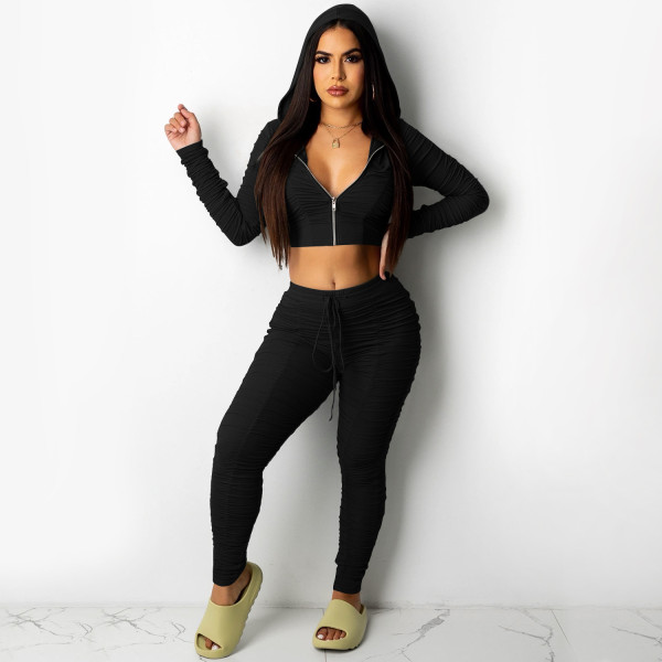 Fashion casual women's zipper long-sleeved tie trousers pleated two-piece suit C5358