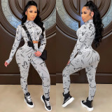 Fashion digital printing zipper long-sleeved trousers two-piece suit C5397